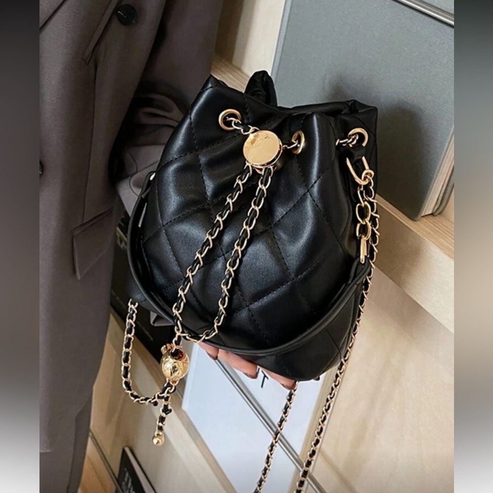 Black Quilted Mini Bucket Bag with Gold Chain Accent - Picture 11 of 13